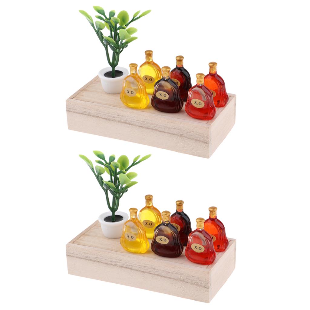 1/12 Dollhouse Mini Wooden Box Green Plants X.O Wine Bottles Scene Model