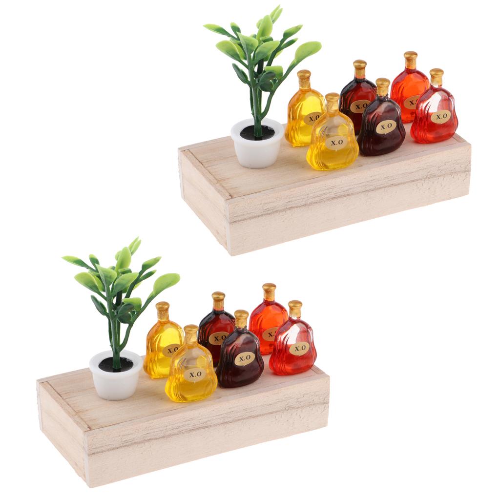1/12 Dollhouse Mini Wooden Box Green Plants X.O Wine Bottles Scene Model