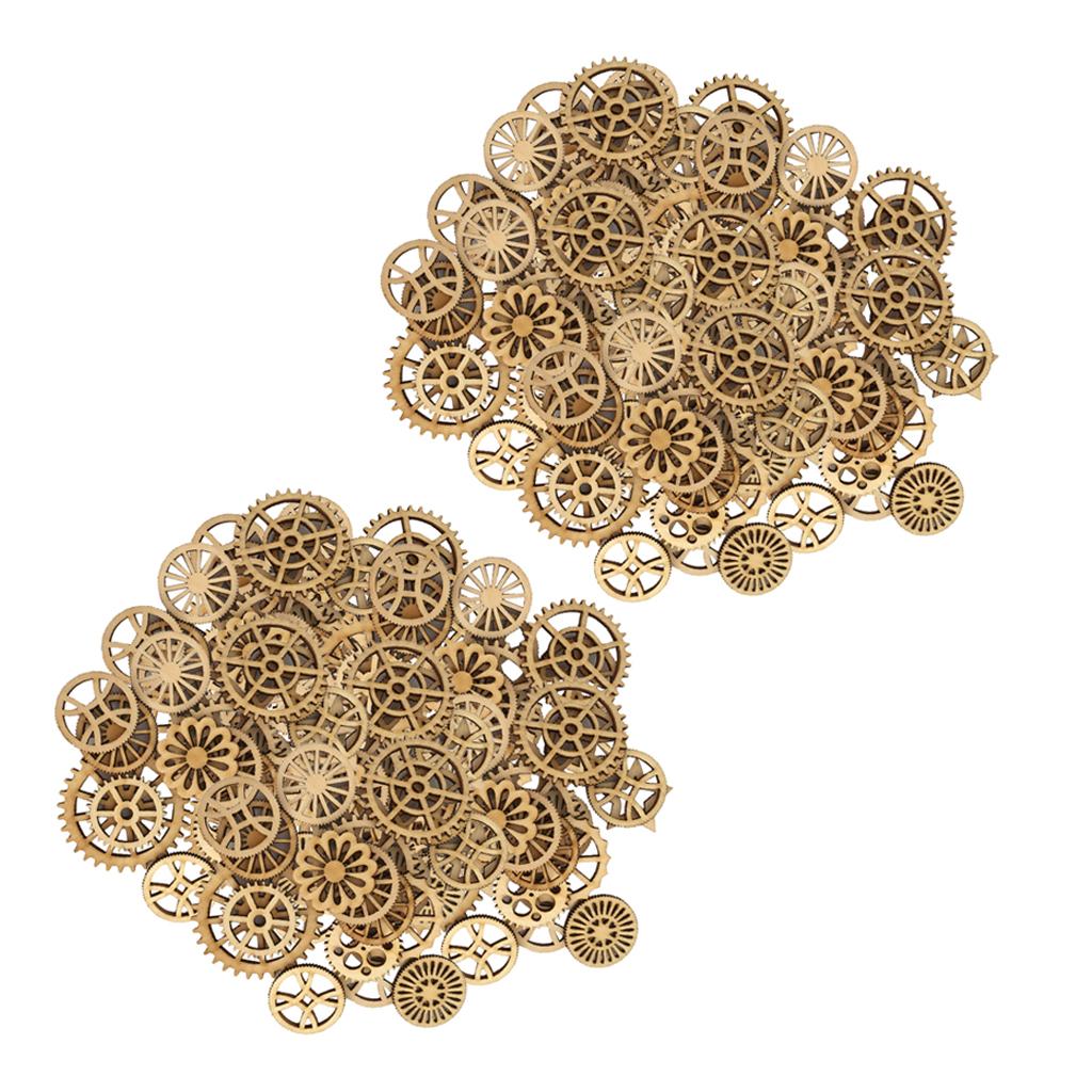 200 Pieces Mixed Size Hollow Gear Unfinished Wood Pieces Wood Embellishments