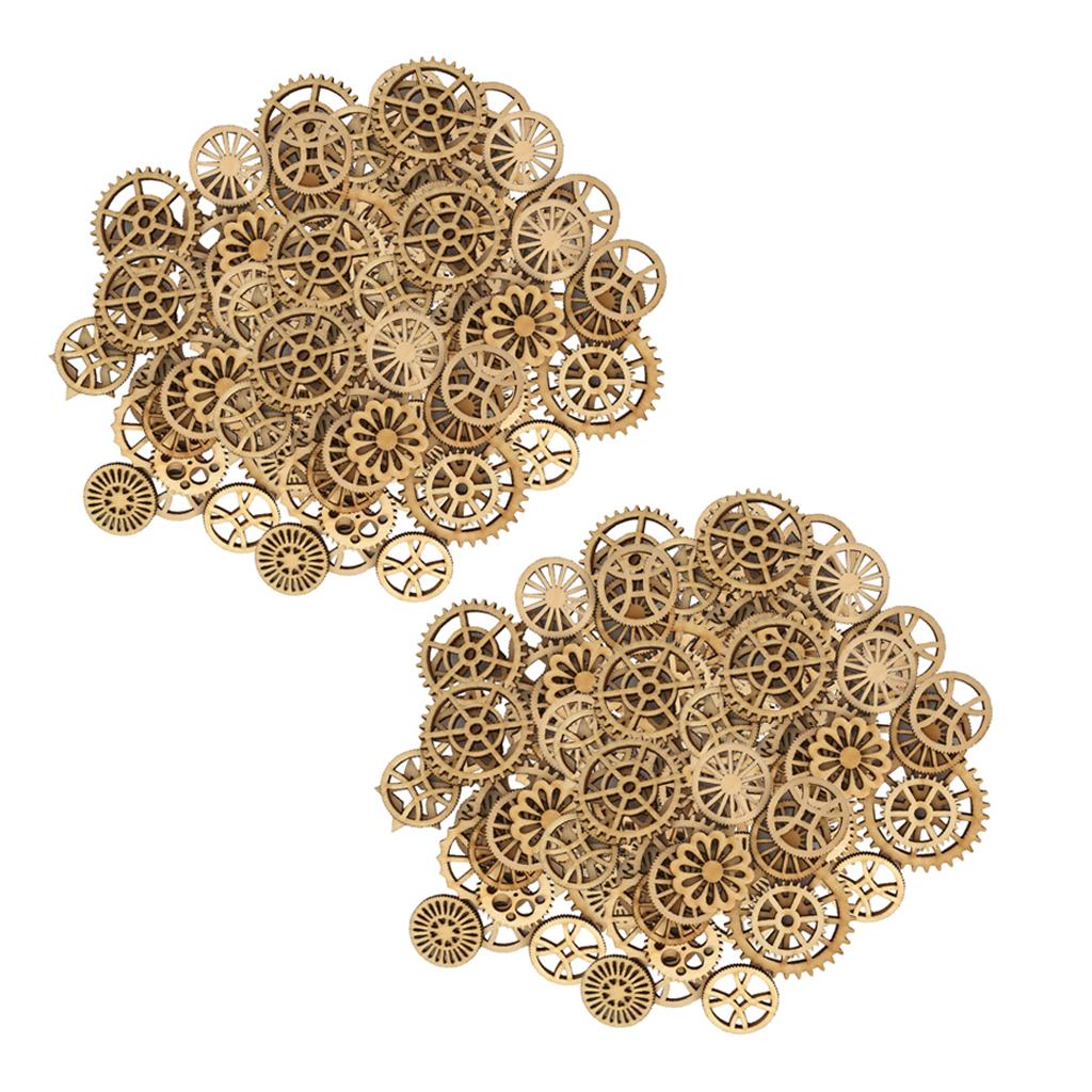 200 Pieces Mixed Size Hollow Gear Unfinished Wood Pieces Wood Embellishments