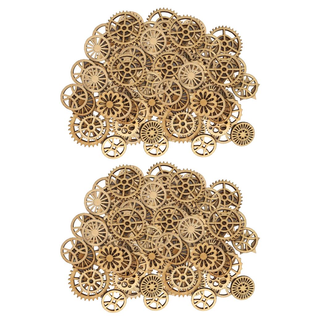 200 Pieces Mixed Size Hollow Gear Unfinished Wood Pieces Wood Embellishments