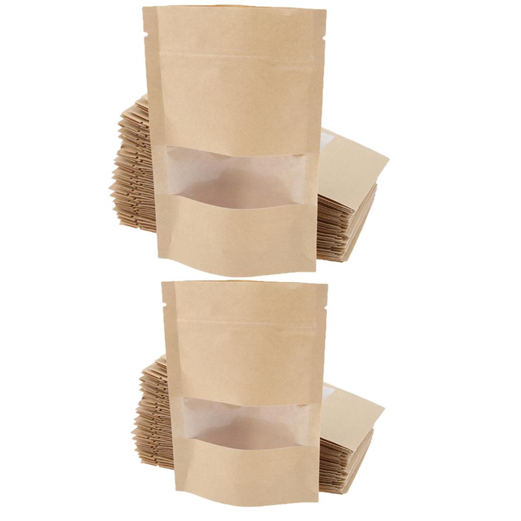 100Pcs Kraft Paper Bag Stand Up Pouch Food Packaging with Window