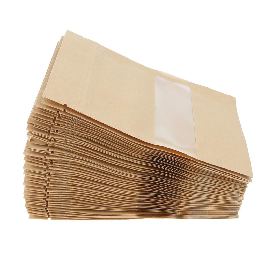 100Pcs Kraft Paper Bag Stand Up Pouch Food Packaging with Window