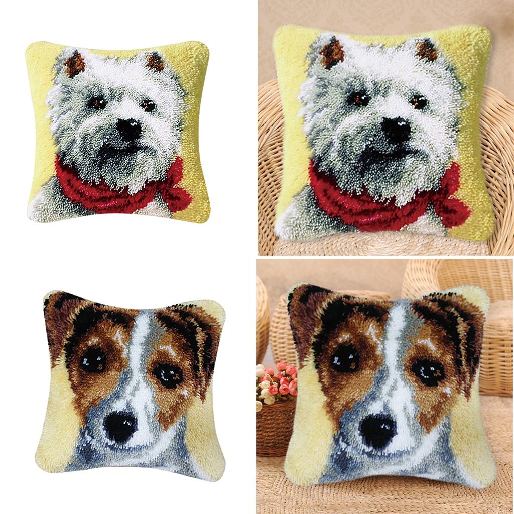 2 Sets Cushion Latch Hook Kits for Beginner Animals Dog Pattern Embroidery