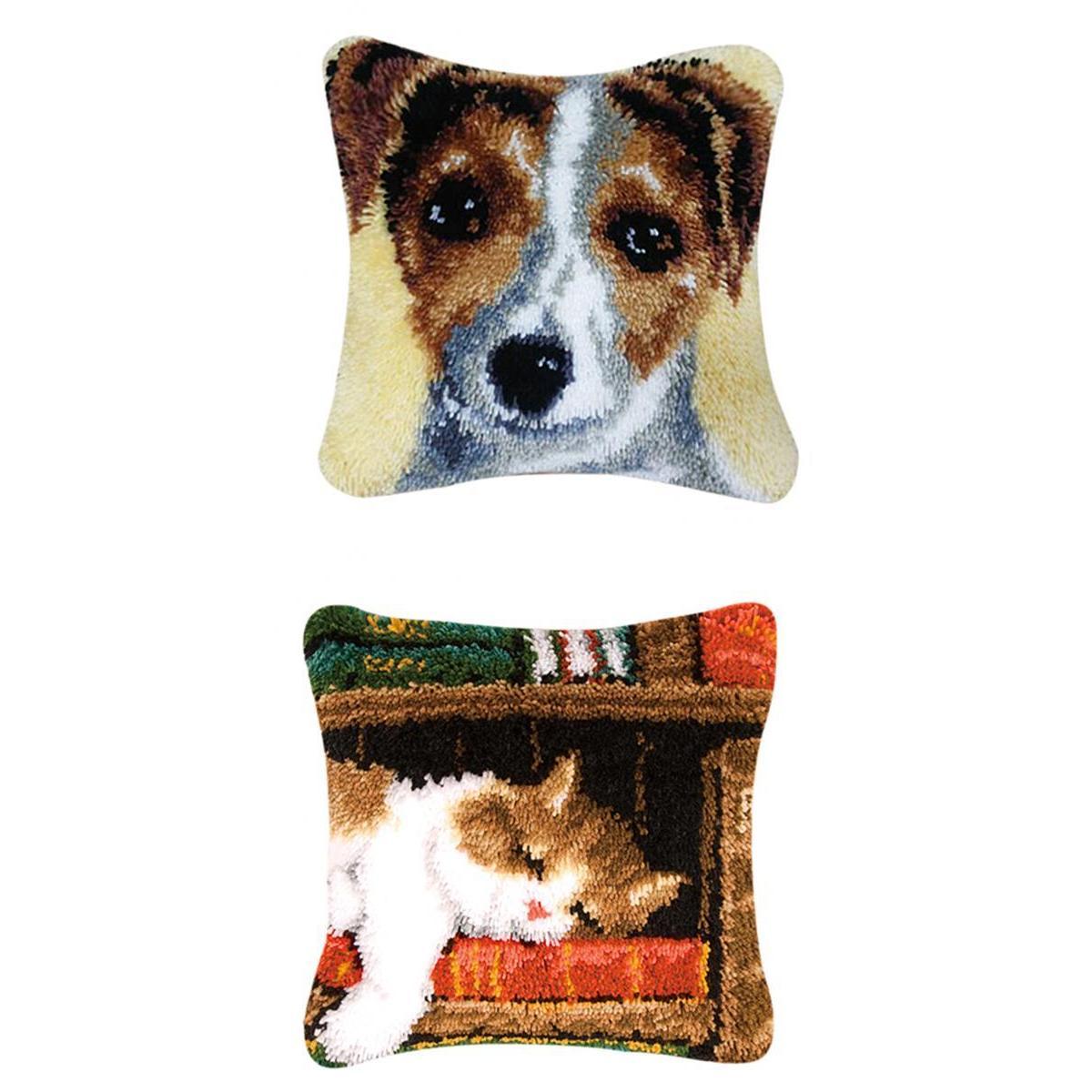 2 Sets Cushion Latch Hook Kits for Beginner Dog & Cat Pattern Embroidery