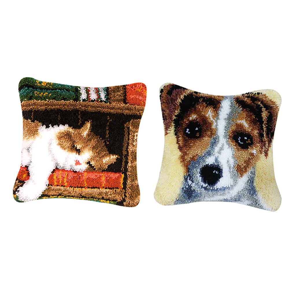2 Sets Cushion Latch Hook Kits for Beginner Dog & Cat Pattern Embroidery