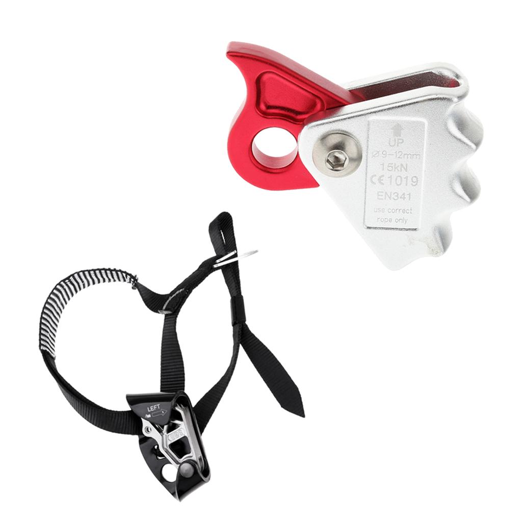 2pcs Rock Climbing Left Foot Ascender + 15KN Rope Grab Protecta Red Black