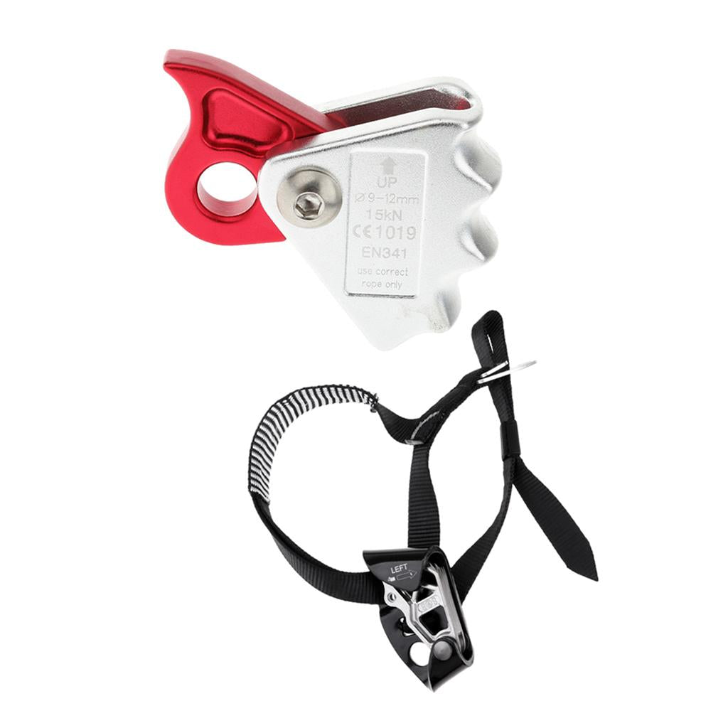 2pcs Rock Climbing Left Foot Ascender + 15KN Rope Grab Protecta Red Black