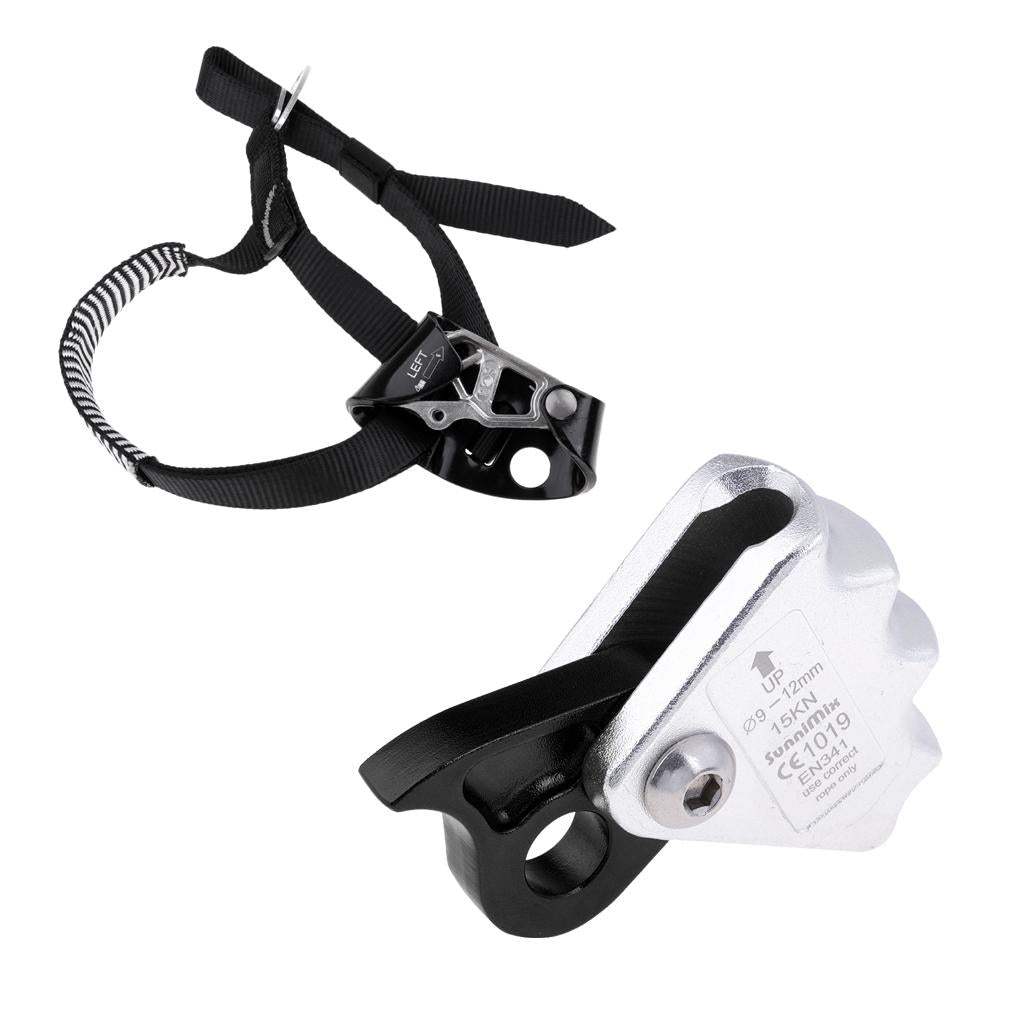 2pcs Rock Climbing Left Foot Ascender + 15KN Rope Grab Protecta Black Black