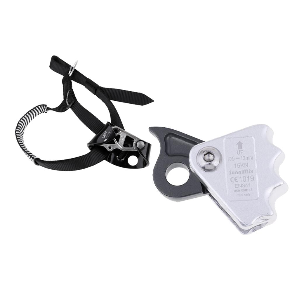 2pcs Rock Climbing Left Foot Ascender + 15KN Rope Grab Protecta Gray Black