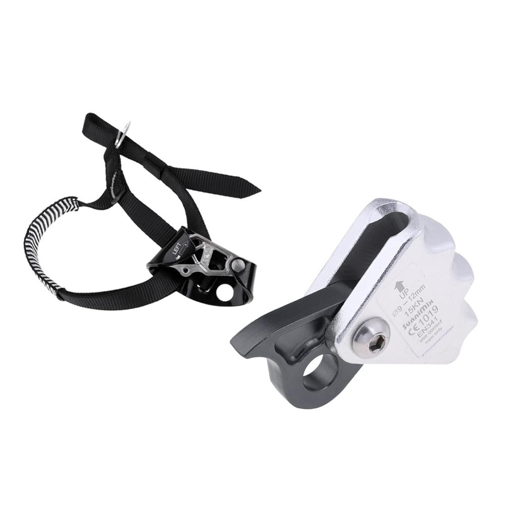2pcs Rock Climbing Left Foot Ascender + 15KN Rope Grab Protecta Gray Black
