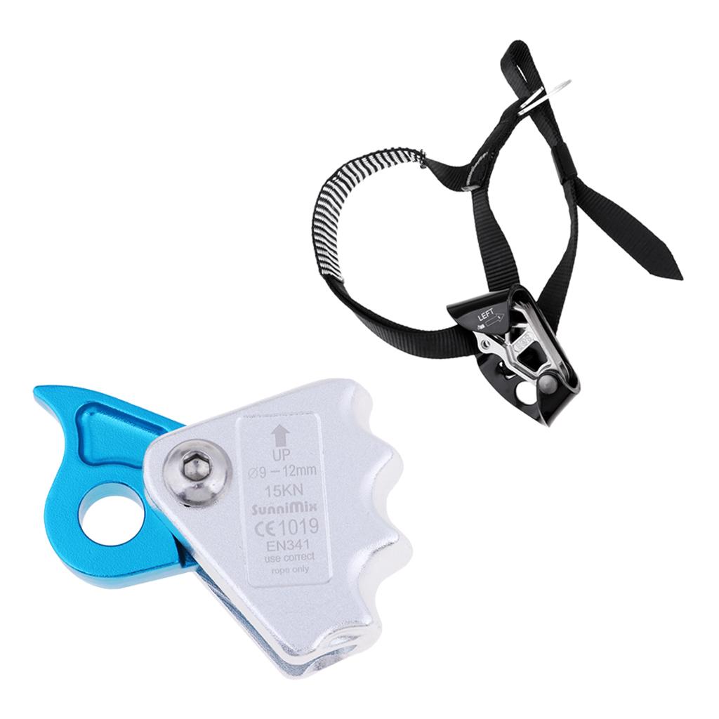 2pcs Rock Climbing Left Foot Ascender + 15KN Rope Grab Protecta Blue Black