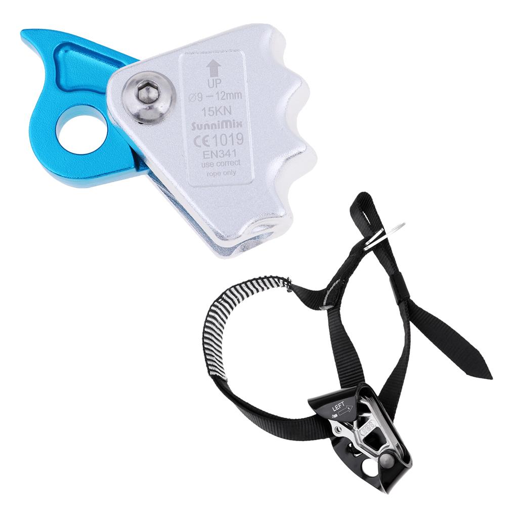 2pcs Rock Climbing Left Foot Ascender + 15KN Rope Grab Protecta Blue Black
