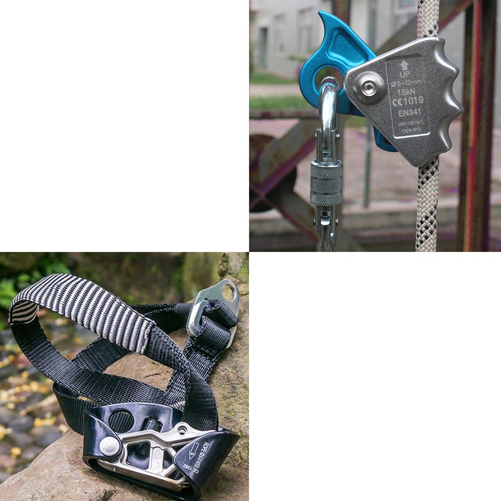 2pcs Rock Climbing Left Foot Ascender + 15KN Rope Grab Protecta Blue Black
