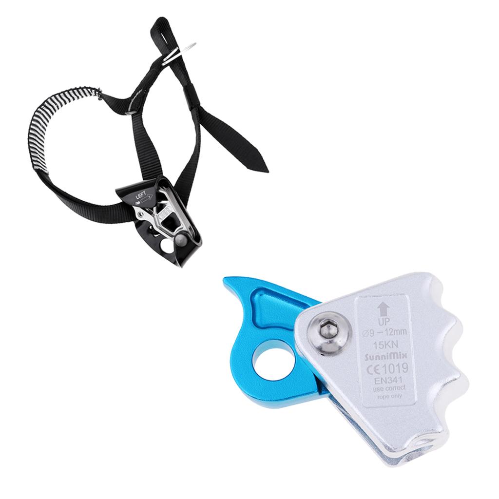2pcs Rock Climbing Left Foot Ascender + 15KN Rope Grab Protecta Blue Black