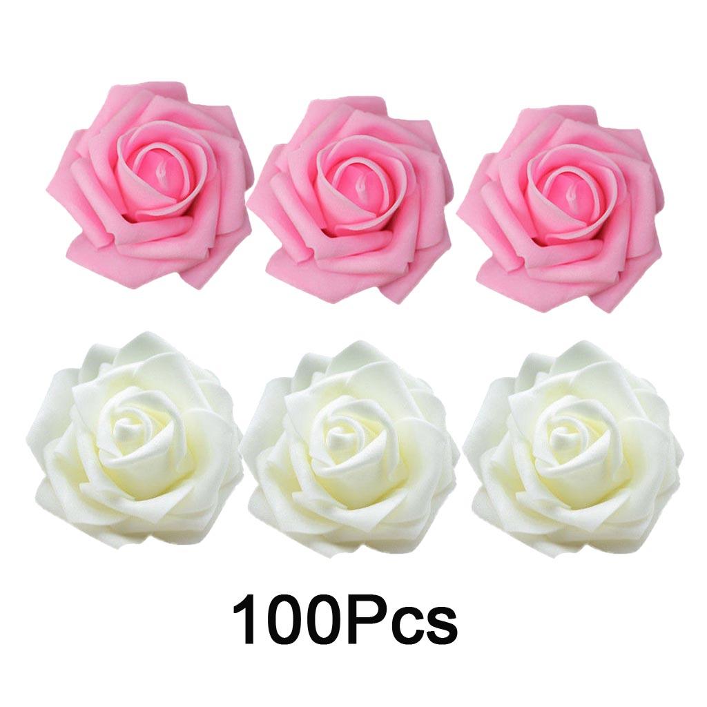 100Pcs Pink &White Foam Rose Heads Artificial Flower Bridal Bouquet