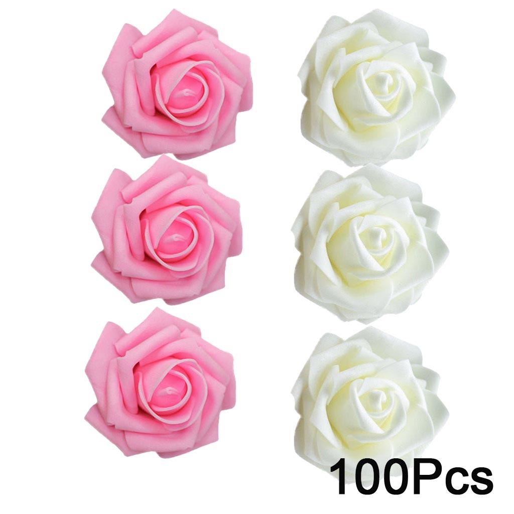 100Pcs Pink &White Foam Rose Heads Artificial Flower Bridal Bouquet