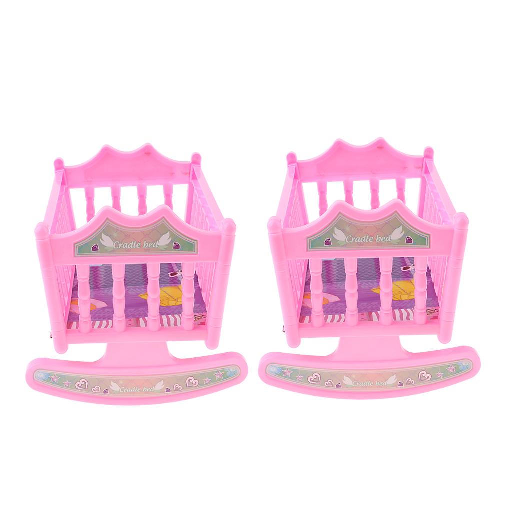 2pcs Cute Rocking Bed Bedroom Furniture Accessory for 20cm Baby Doll Pink