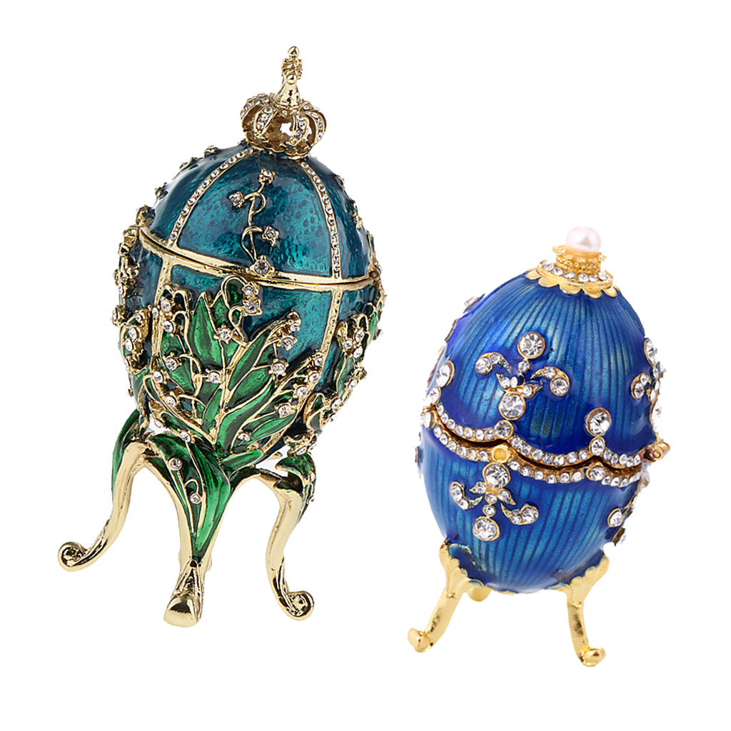 2Pcs Enamel Faberge Easter Egg Jewelry Box Wedding Ring Storage Container