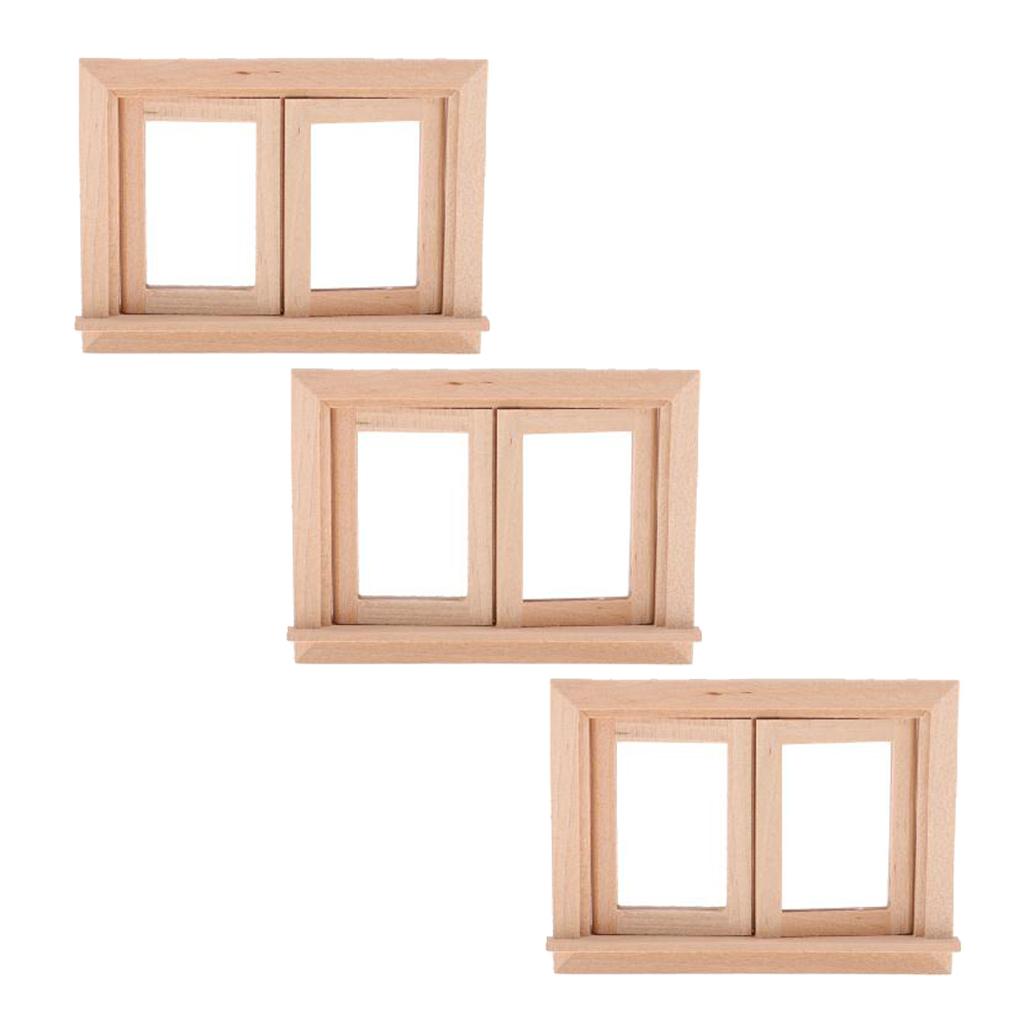 3 Set 1/12 Dollhouse Miniature Unpainted Wooden 2-Pane Window Frame DIY