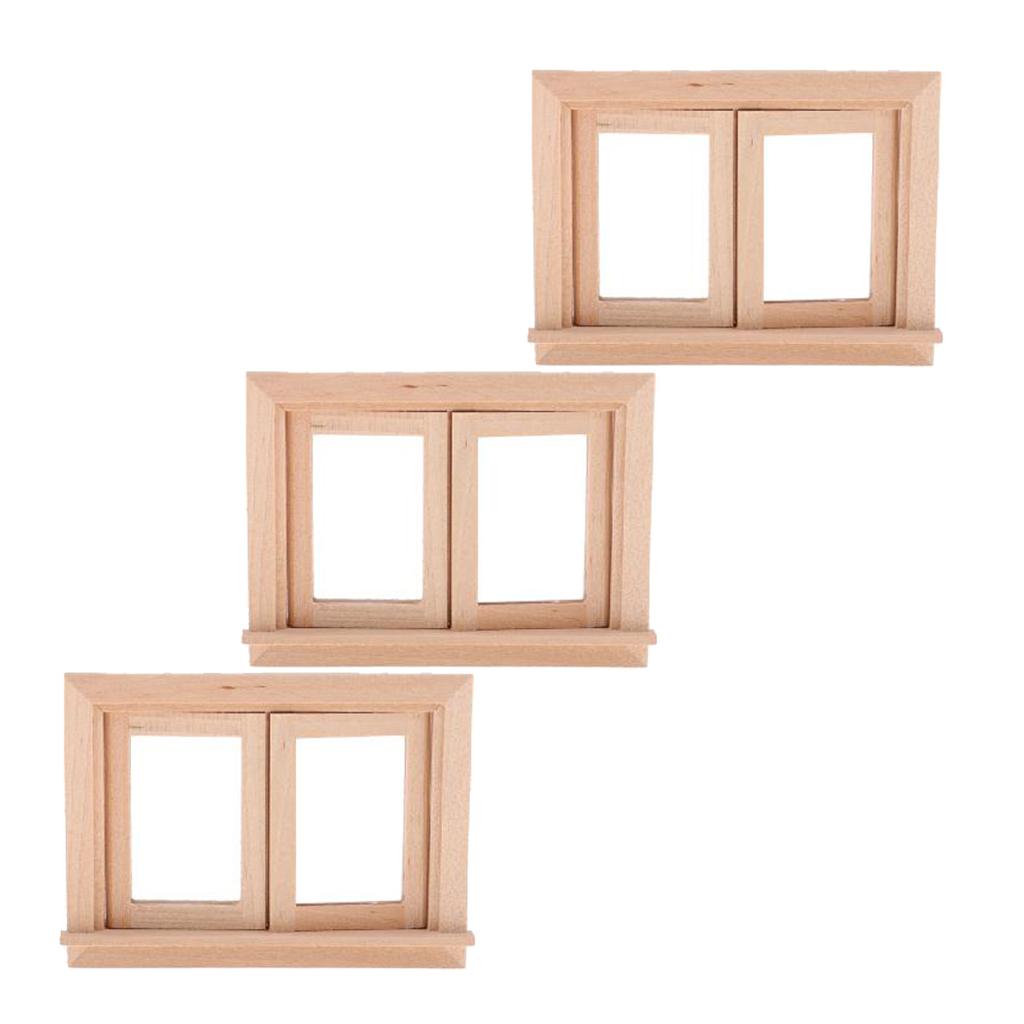 3 Set 1/12 Dollhouse Miniature Unpainted Wooden 2-Pane Window Frame DIY