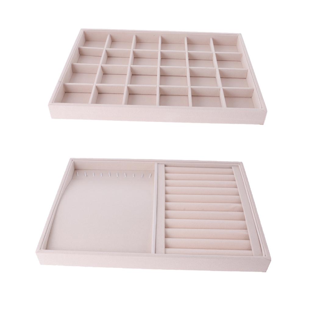 2 Pieces Ring Earrings Necklace Jewelry Display Organizer Box Showcase Tray