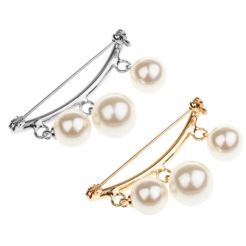 2 Pieces Imitation Pearl Dangle Arc-shaped Safety Pin Collor Badge Brooch