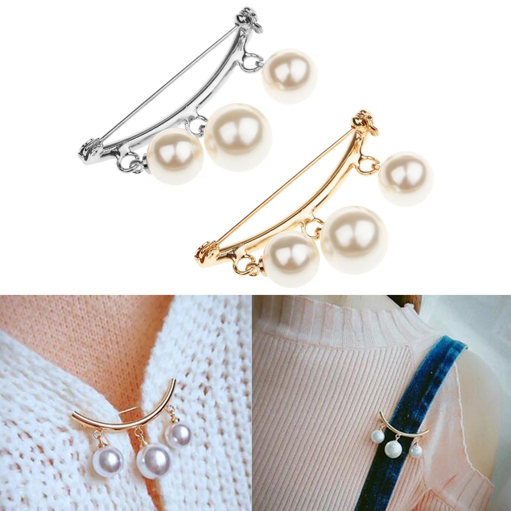 2 Pieces Imitation Pearl Dangle Arc-shaped Safety Pin Collor Badge Brooch