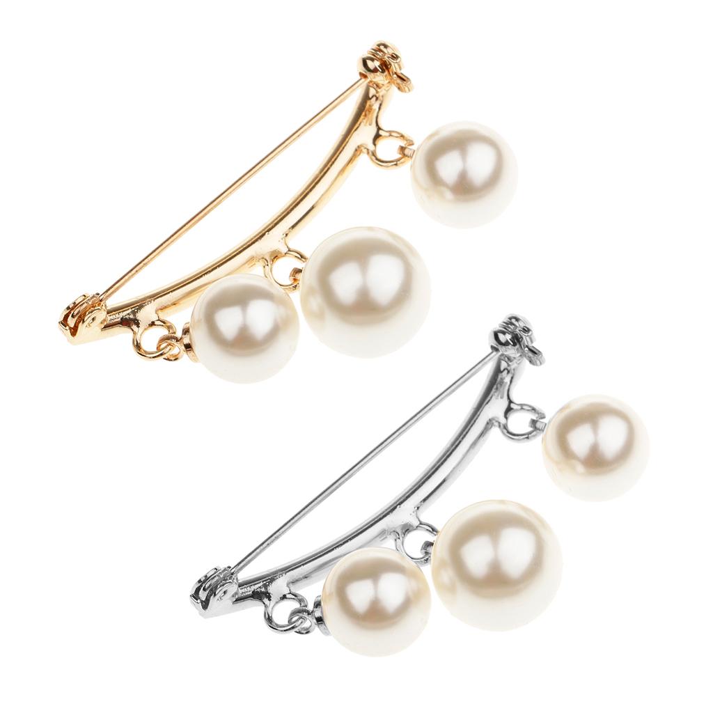 2 Pieces Imitation Pearl Dangle Arc-shaped Safety Pin Collor Badge Brooch