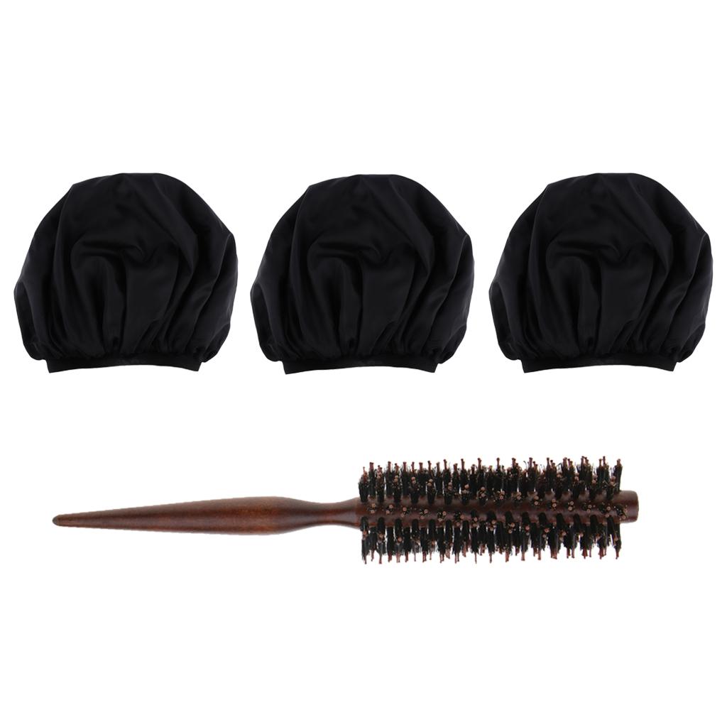 3x Women Shower Cap Waterproof Elastic Hair Bonnet Head Cover w/ Free Brush