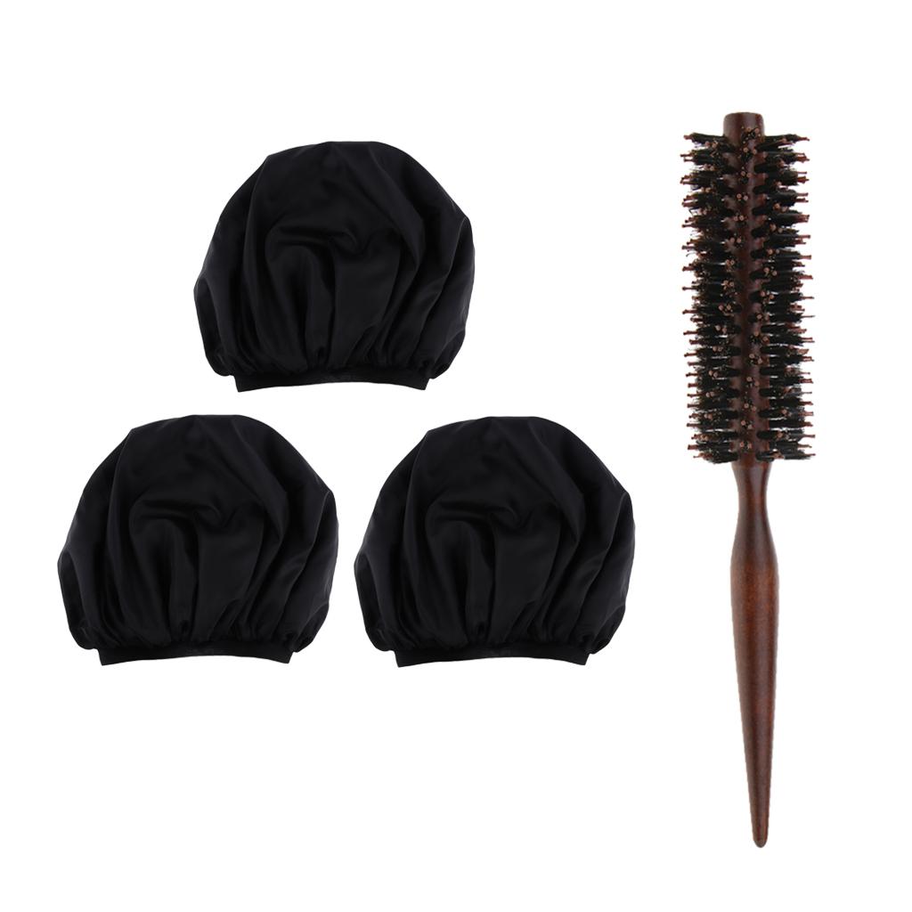 3x Women Shower Cap Waterproof Elastic Hair Bonnet Head Cover w/ Free Brush