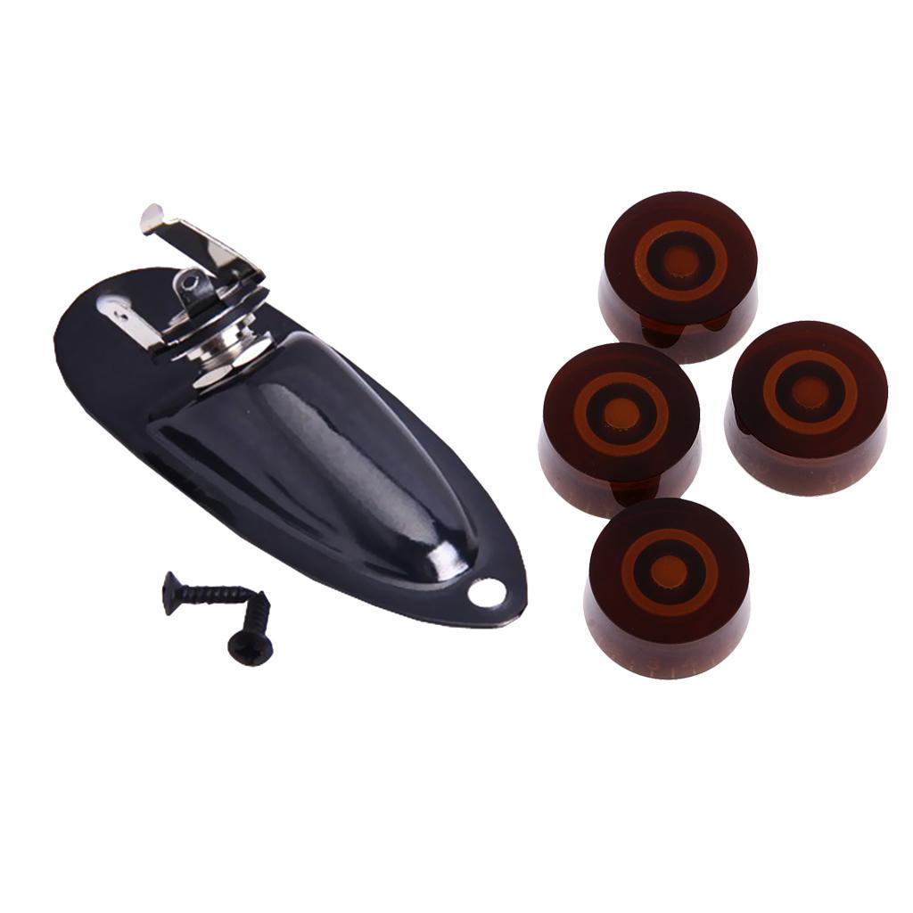4pcs Guitar Tone Volume Control Knobs+6.35mm Boat Shape Output Jack Plate