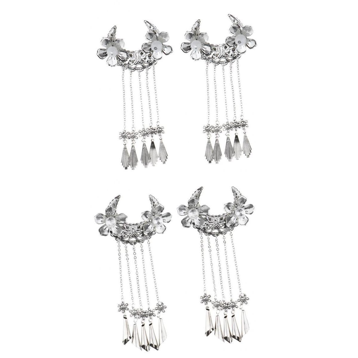4pcs Women Cosplay Vintage Headdress Flower Tassel Hair Pins Clips Silver