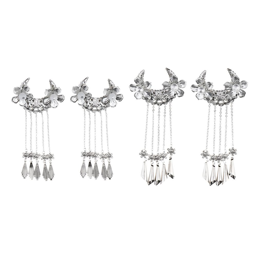 4pcs Women Cosplay Vintage Headdress Flower Tassel Hair Pins Clips Silver