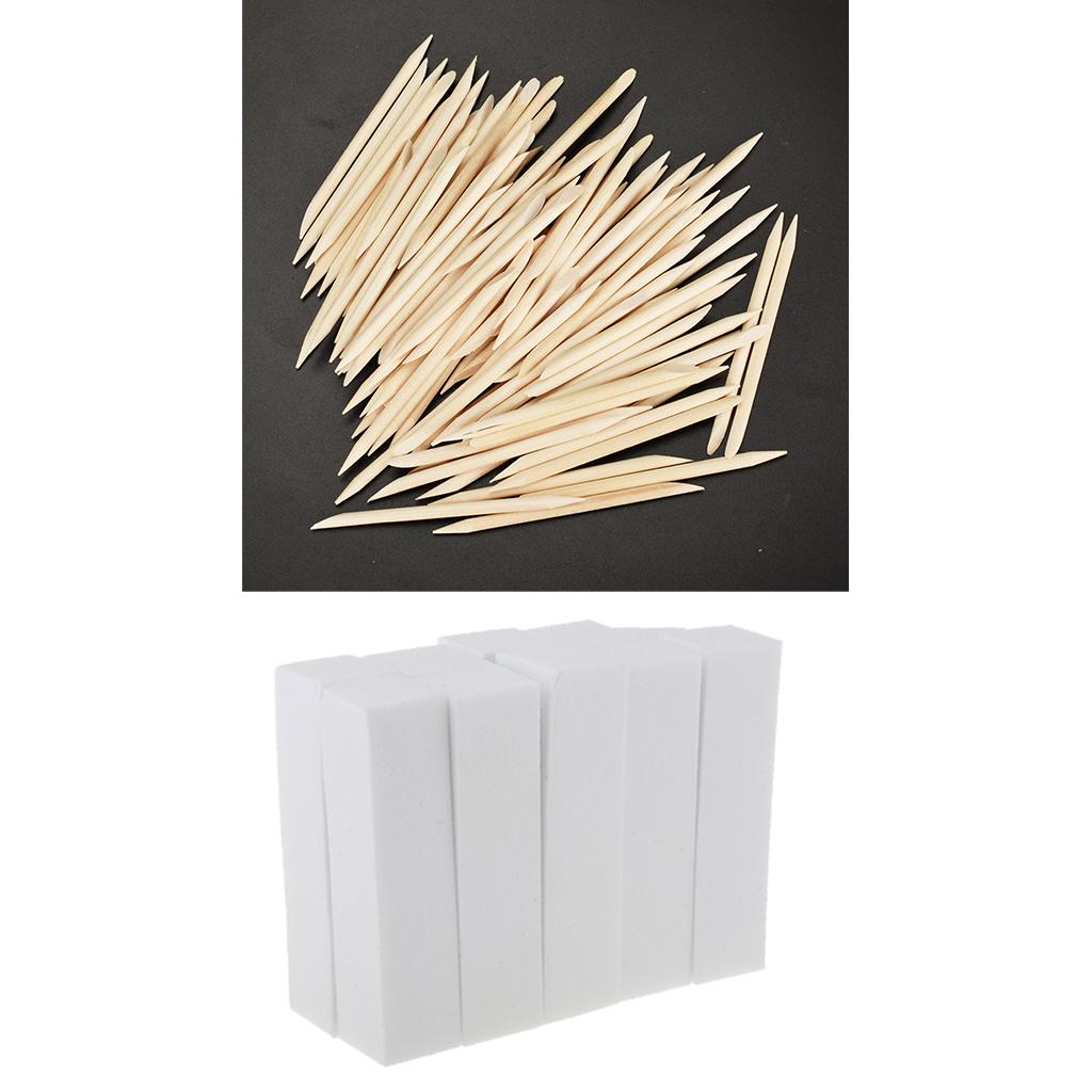 100x Disposable Cuticle Pusher Remover+10x Nail Sanding Files Buffer Block