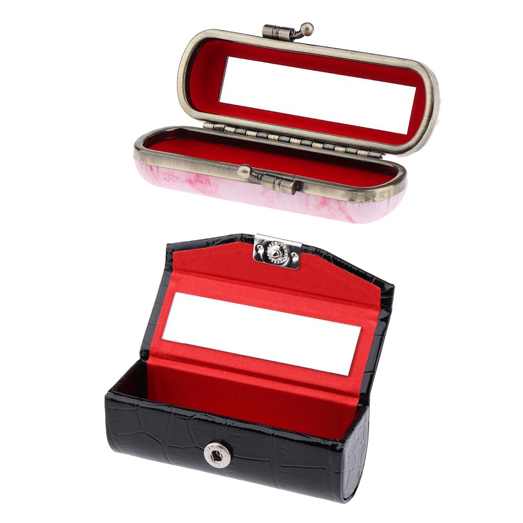 2Pcs Makeup Holder Lipstick Case Lip Gloss Storage Box with Mirror for Purse