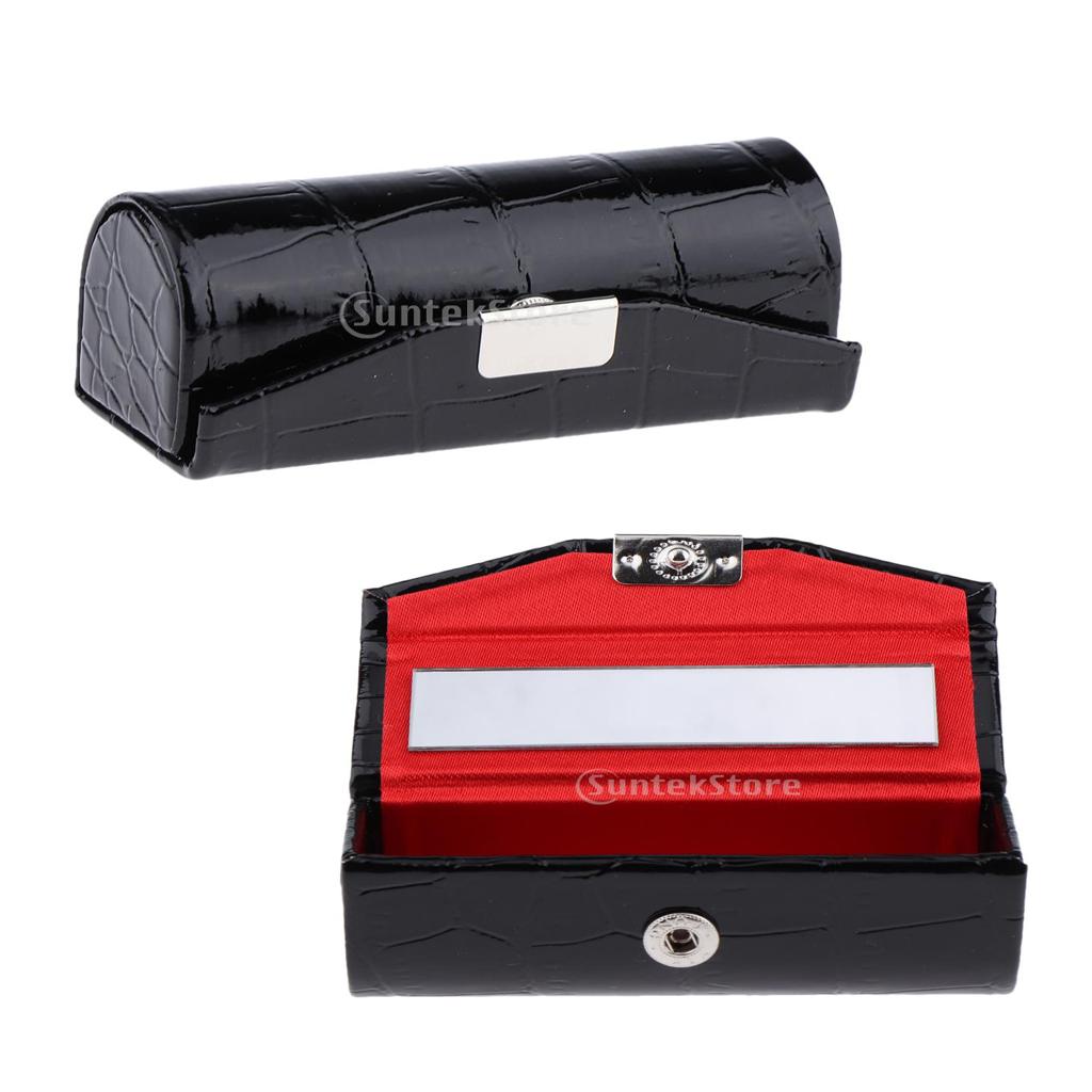 2Pcs Leather Lipstick Case Holder Storage Box with Mirror for Purse Black