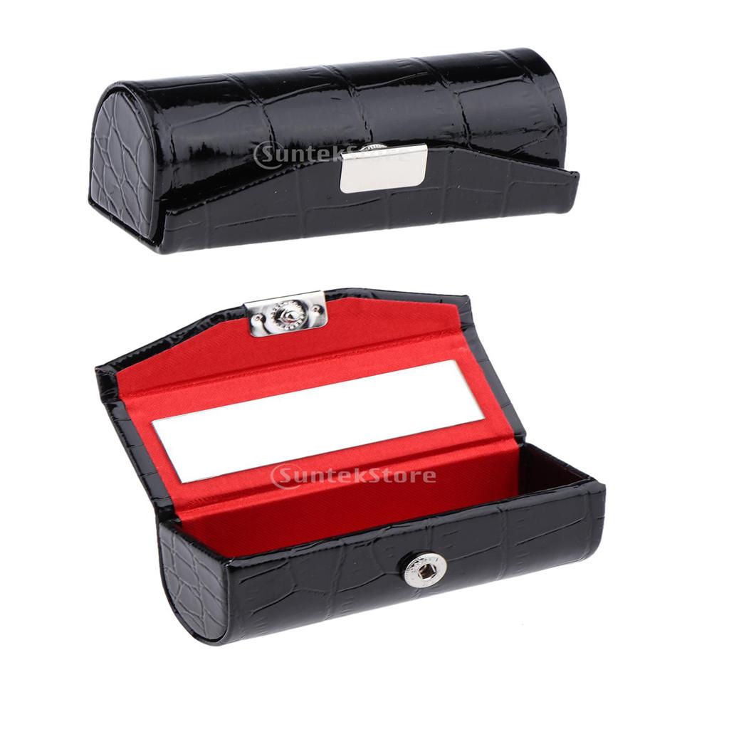 2Pcs Leather Lipstick Case Holder Storage Box with Mirror for Purse Black