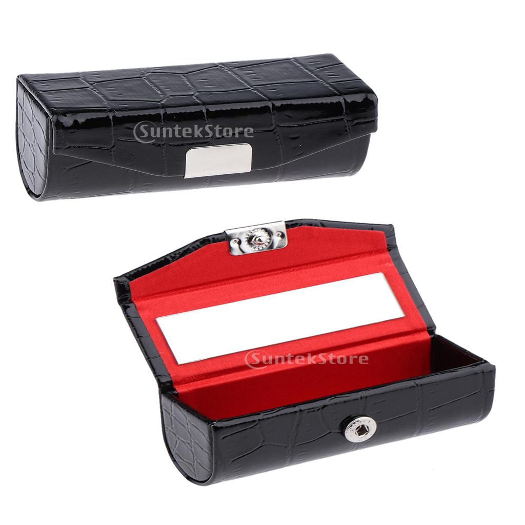 2Pcs Leather Lipstick Case Holder Storage Box with Mirror for Purse Black