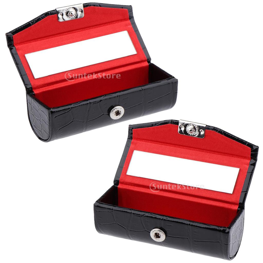 2Pcs Leather Lipstick Case Holder Storage Box with Mirror for Purse Black