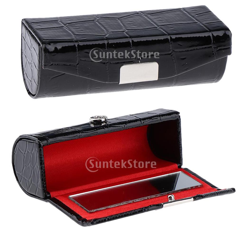 2Pcs Leather Lipstick Case Holder Storage Box with Mirror for Purse Black