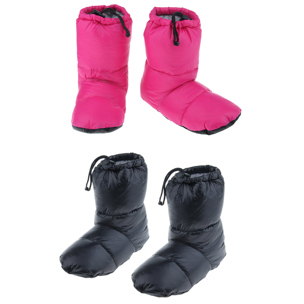 2 Pairs White Goose Down Slippers Winter Warm Booties Black L + Rose Red L