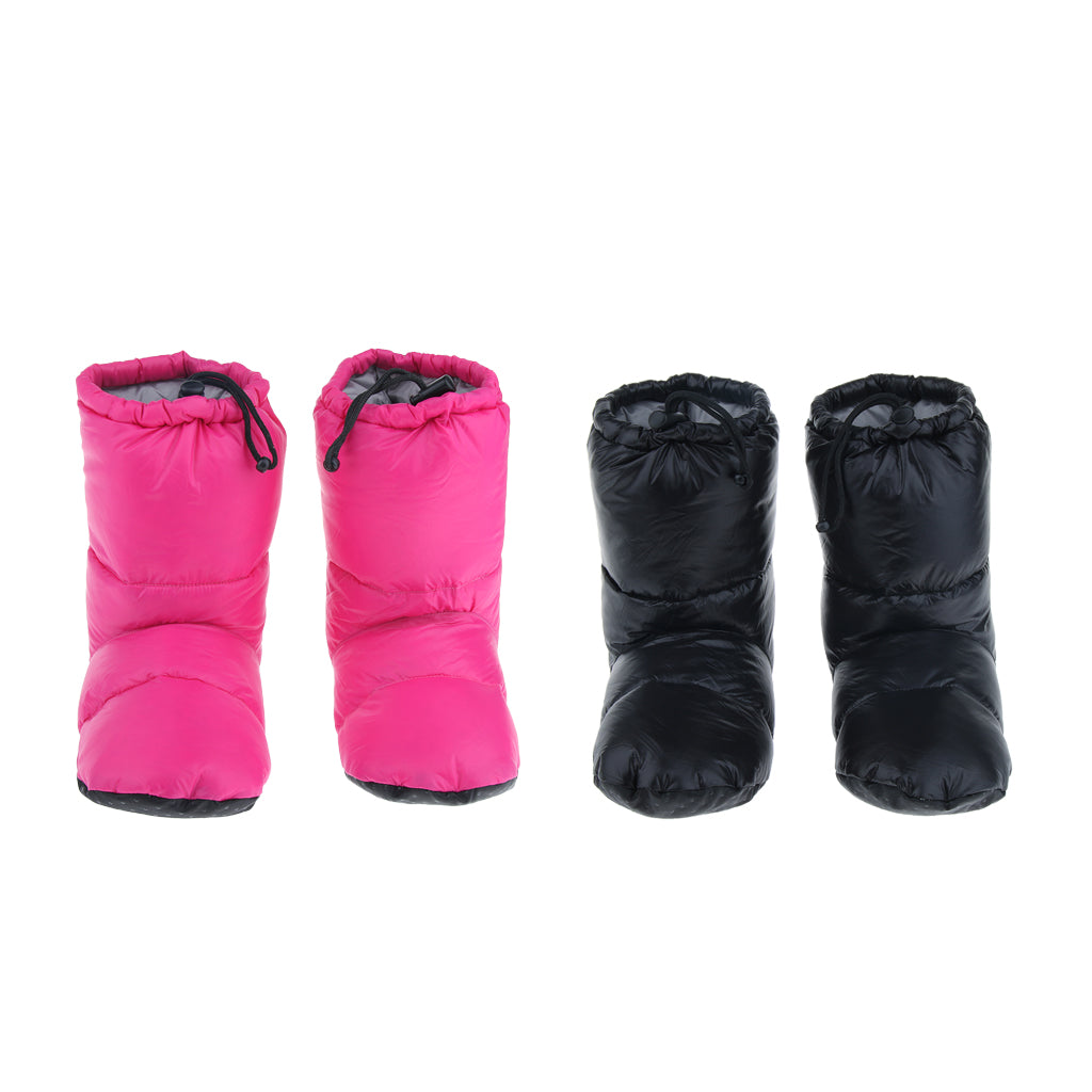 2 Pairs White Goose Down Slippers Winter Warm Booties Black XL + Rose Red L