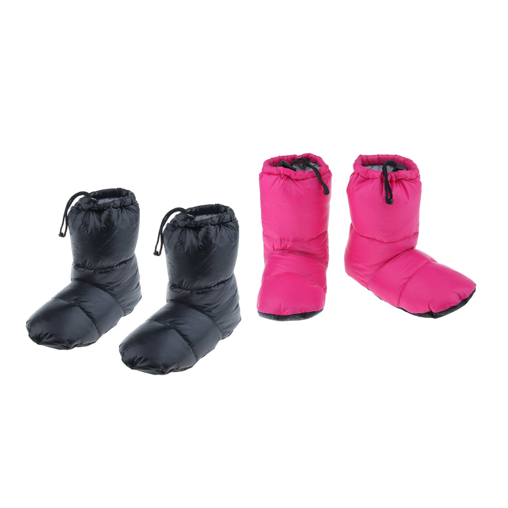2 Pairs White Goose Down Slippers Winter Warm Booties Black XL + Rose Red L