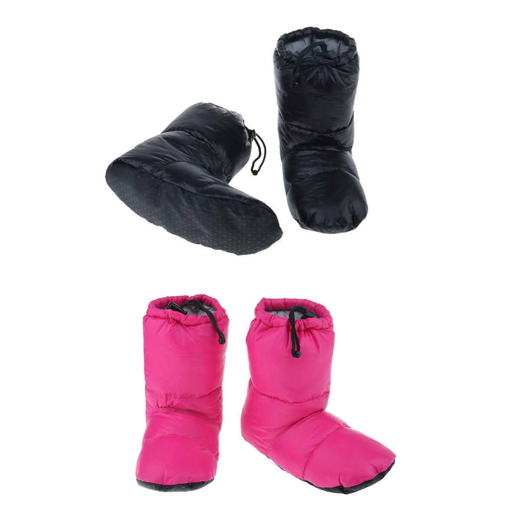 2 Pairs White Goose Down Slippers Winter Warm Booties Black XL + Rose Red L