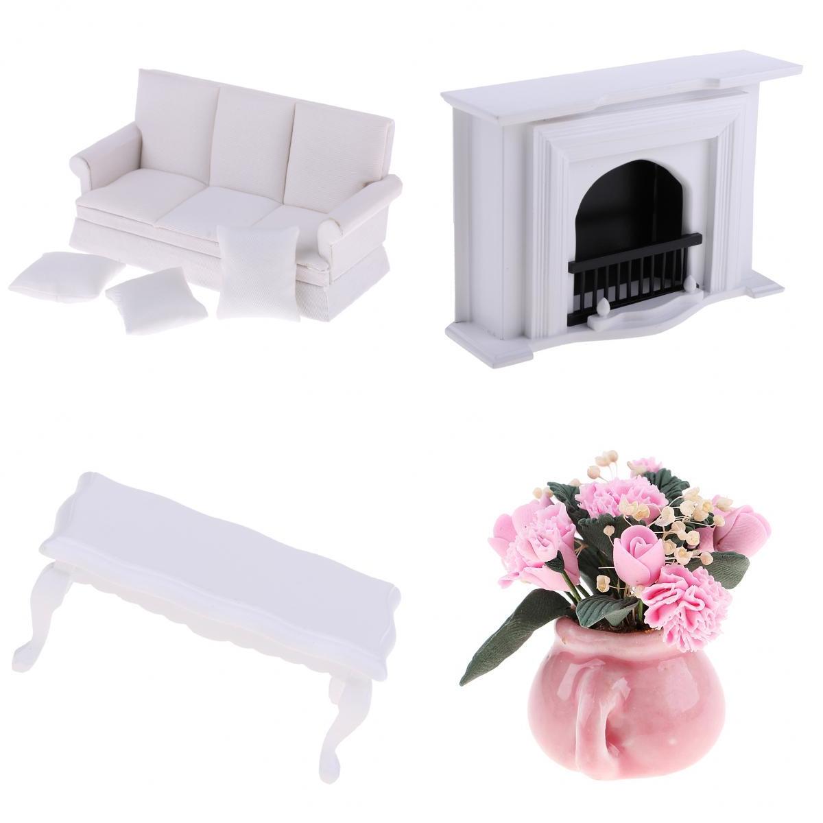 1/12 Dollhouse Furniture Set Wooden Fireplace End Table Couch Sofa Pillow