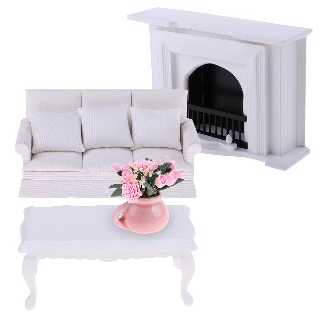 1/12 Dollhouse Furniture Set Wooden Fireplace End Table Couch Sofa Pillow