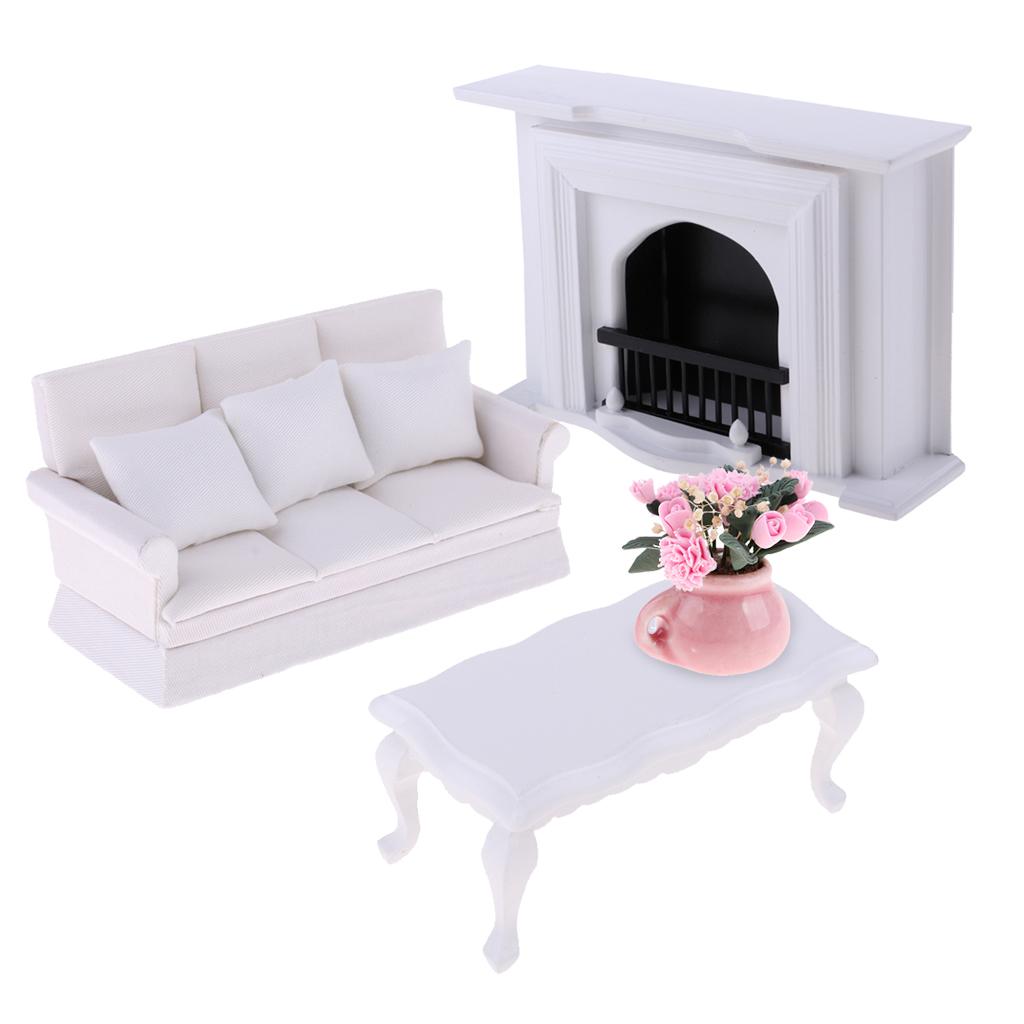 1/12 Dollhouse Furniture Set Wooden Fireplace End Table Couch Sofa Pillow
