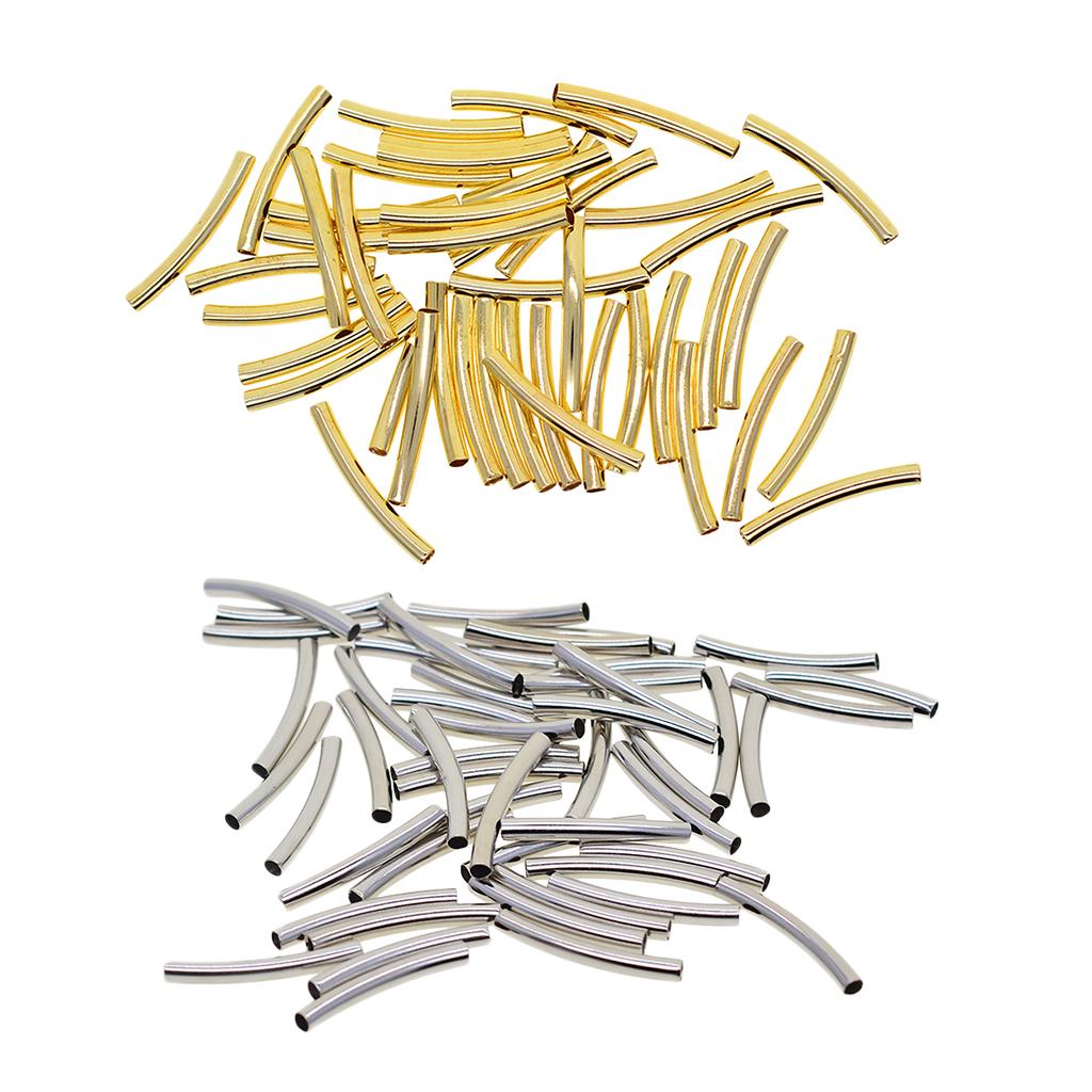 100Pcs Gold&Silver 30x3 mm Smooth Curved Tube Noodle Beads Jewelry Findings