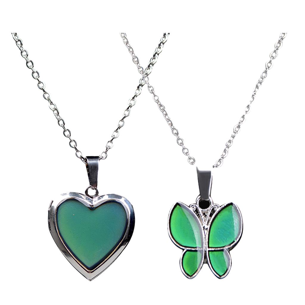 2Pcs Heart Mood Butterfly Gem Change Color Emotion Feeling Pendant Necklace